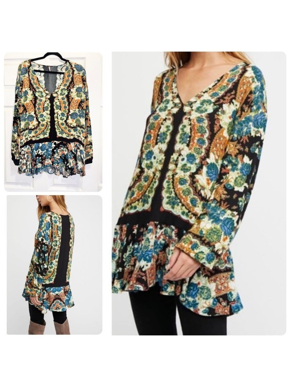 Free People Lovely Dreams Tunic Top Paisley Floral Long Sleeve Drapey Sz Medium